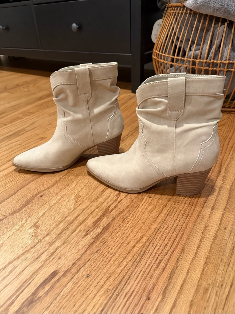 Time and Tru Cream Slouch Western Block Heel Ankle Boots